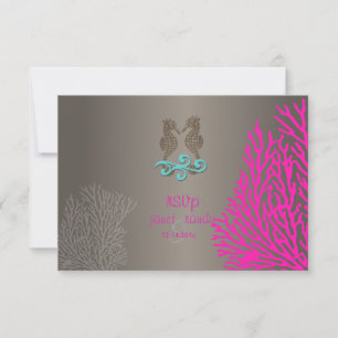 PixDezines RSVP Roze Koraal+Zeepaardje, strandfees Kaartje