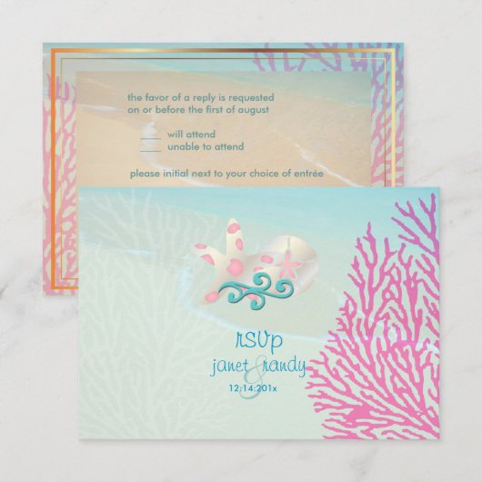 PixDezines rsvp roze koraal+zeester, strandpartij (Voorkant / Achterkant)