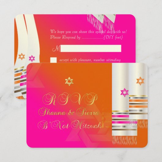 PixDezines RSVP Roze/Sinaasappel B'not mitzvah (Voorkant / Achterkant)