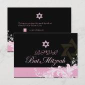 PixDezines rsvp roze wervelingen/Bat Mitswa Kaart (Voorkant / Achterkant)