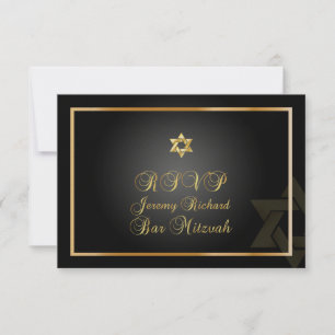 PixDezines rsvp Star, Bar Mitzvah/black+gold Kaart