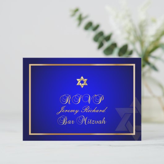 PixDezines rsvp Star, Bar Mitzvah/royal blue+gold (Staand voorkant)