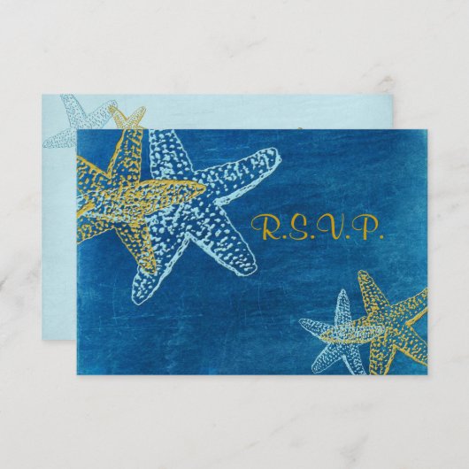 PixDezines rsvp, Starfish/blue/strand bruiloft RSVP Kaartje (Voorkant / Achterkant)