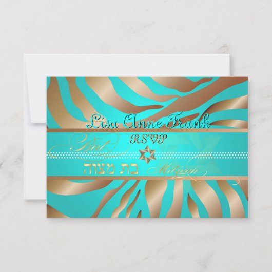 PixDezines rsvp Tan+Aqua Zebra, Bat Mitzvah Kaartje (Voorkant)