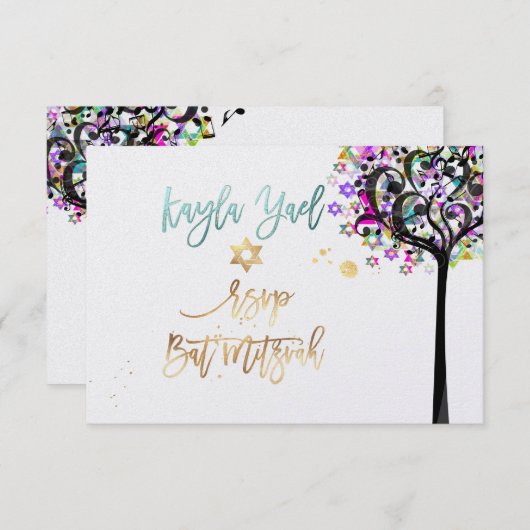 PixDezines RSVP Tree of Life Music Bat Mitzvah ✡ Kaart (Voorkant / Achterkant)