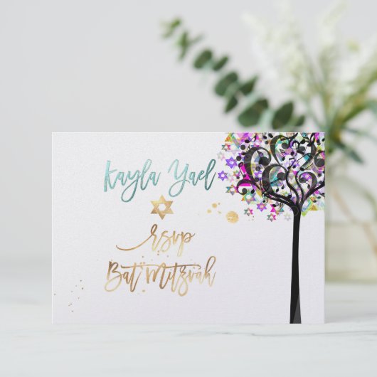 PixDezines RSVP Tree of Life Music Bat Mitzvah ✡ Kaart (Staand voorkant)