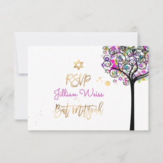 PixDezines RSVP Tree of Neon Bat Mitzvah ✡ Kaart (Voorkant)