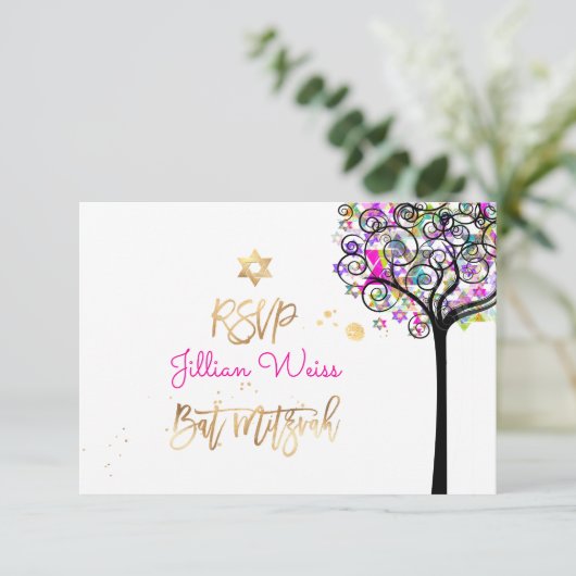 PixDezines RSVP Tree of Neon Bat Mitzvah ✡ Kaart (Staand voorkant)