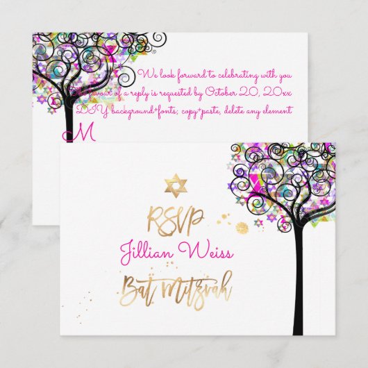 PixDezines RSVP Tree of Neon Bat Mitzvah ✡ Kaart (Voorkant / Achterkant)