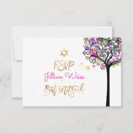 PixDezines RSVP Tree of Neon Bat Mitzvah ✡ Kaart