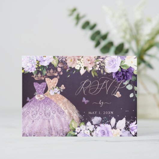 PixDezines RSVP Twins Quinceanera Roos Gold Lila Kaart (Staand voorkant)