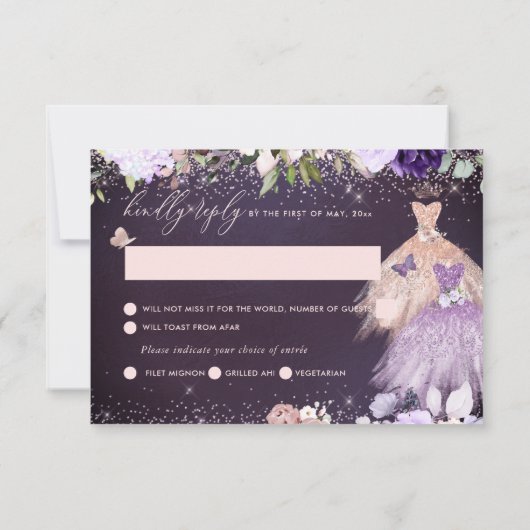 PixDezines RSVP Twins Quinceanera Roos Gold Lila Kaart (Achterkant)