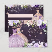 PixDezines RSVP Twins Quinceanera Roos Gold Lila Kaart (Voorkant / Achterkant)