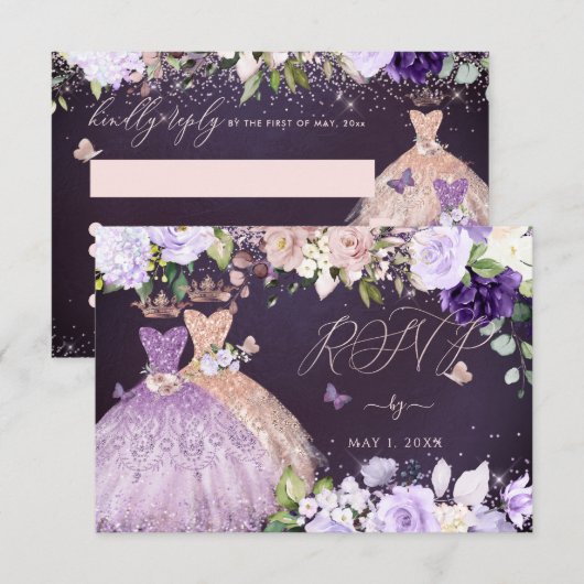 PixDezines RSVP Twins Quinceanera Roos Gold Lila Kaart (Voorkant / Achterkant)