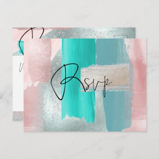 PixDezines RSVP w Meals, Modern Blush Aqua Uitnodiging Briefkaart (Voorkant / Achterkant)
