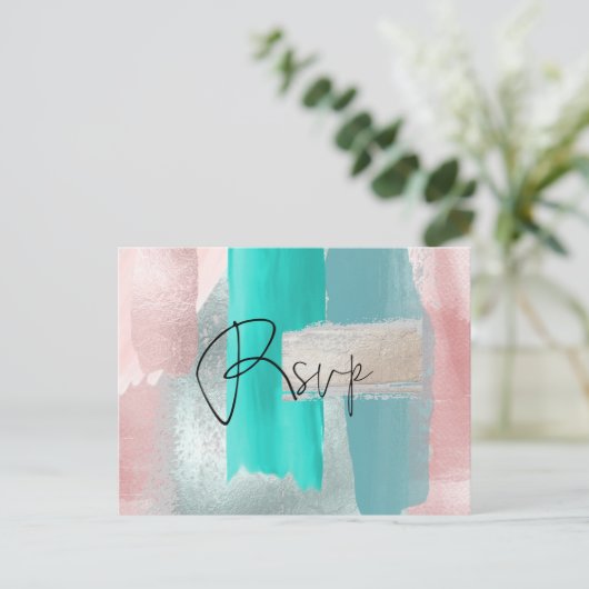 PixDezines RSVP w Meals, Modern Blush Aqua Uitnodiging Briefkaart (Staand voorkant)