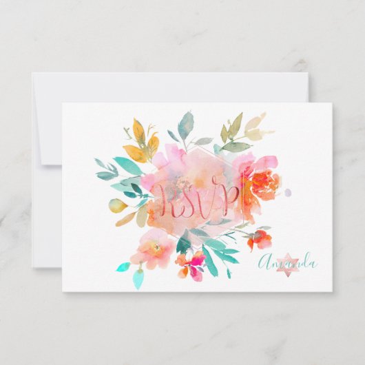 PixDezines RSVP Waterverf Bloemen Bat Mitzvah ✡ (Voorkant)