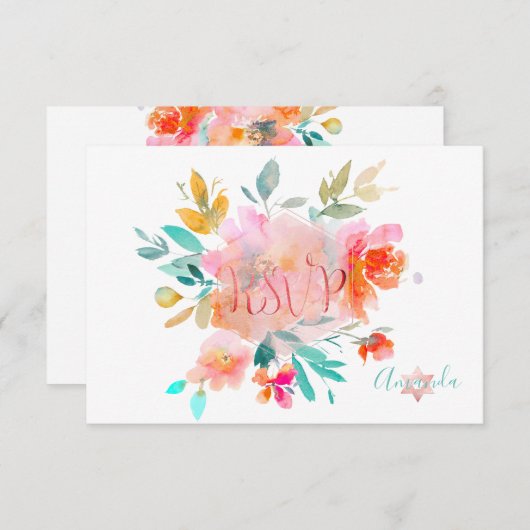 PixDezines RSVP Waterverf Bloemen Bat Mitzvah ✡ (Voorkant / Achterkant)