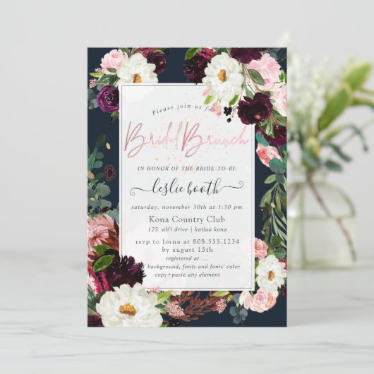 PixDezines Rustic Bloom, Bridal Brunch Navy Blush Kaart (Staand voorkant)