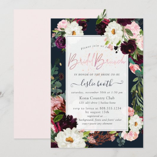 PixDezines Rustic Bloom, Bridal Brunch Navy Blush Kaart (Voorkant / Achterkant)