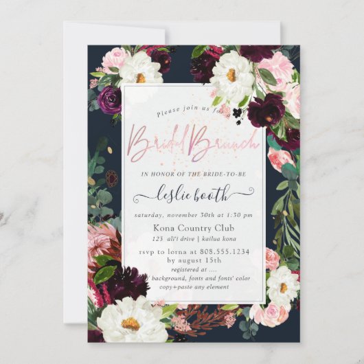 PixDezines Rustic Bloom, Bruidsbrunch Navy Blush Kaart (Voorkant)