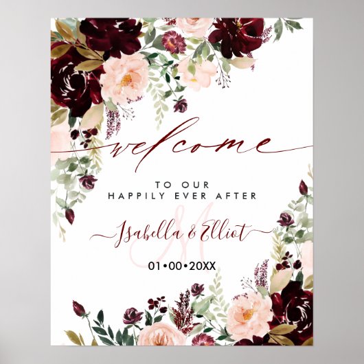 PixDezines Rustic Blush Burgundy Flowers Welkom Poster (Voorkant)