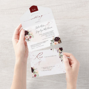 PixDezines Rustic Blush Burgundy WatercolorFlowers All In One Uitnodiging