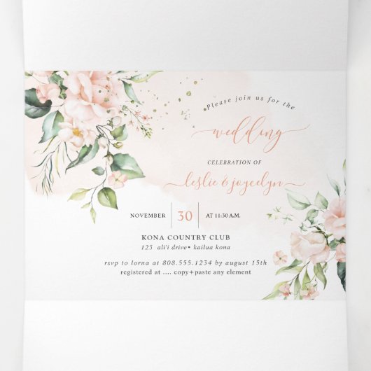 PixDezines Rustic Blush Rozen+SweetPeas Drieluik Uitnodiging (Binnenkant midden)