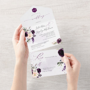 PixDezines Rustic Donkerpaarse H2 Rozen Pioenrozen All In One Uitnodiging
