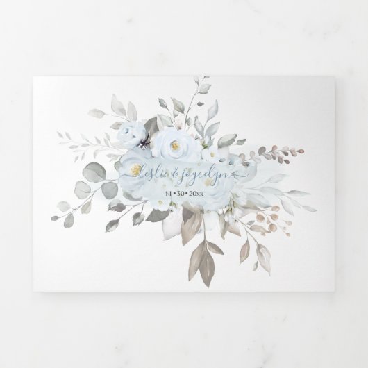 PixDezines Rustic Dusty Blue Rozen Eucalyptus Drieluik Uitnodiging (Cover)