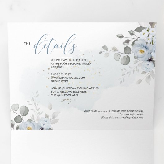 PixDezines Rustic Dusty Blue Rozen Eucalyptus Drieluik Uitnodiging (Binnenzijde eerst)