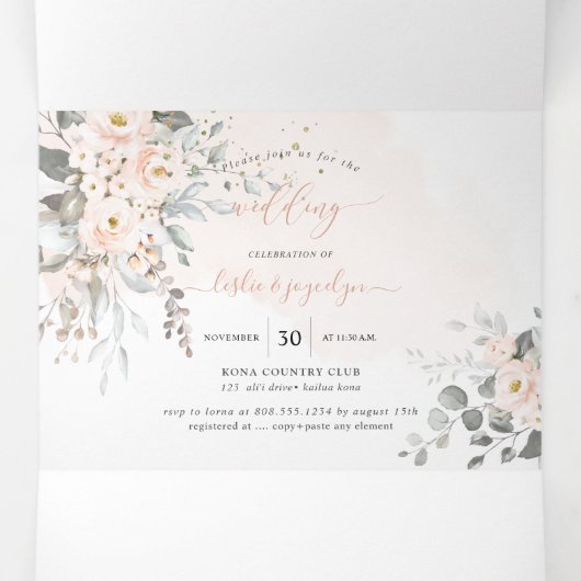 PixDezines Rustic Dusty Blush Rozen Eucalyptus Drieluik Uitnodiging (Binnenkant midden)