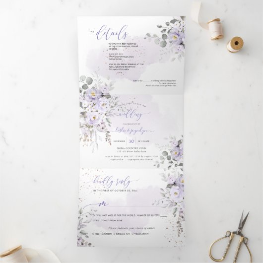 PixDezines Rustic Dusty Paarse Rozen Eucalyptus Drieluik Uitnodiging (Binnen)