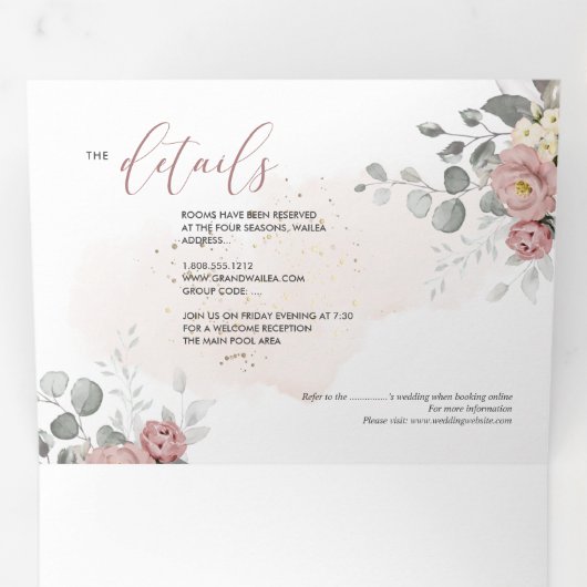 PixDezines Rustic Dusty Roses Eucalyptus Drieluik Uitnodiging (Binnenzijde eerst)