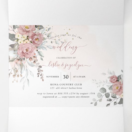 PixDezines Rustic Dusty Roses Eucalyptus Drieluik Uitnodiging (Binnenkant midden)