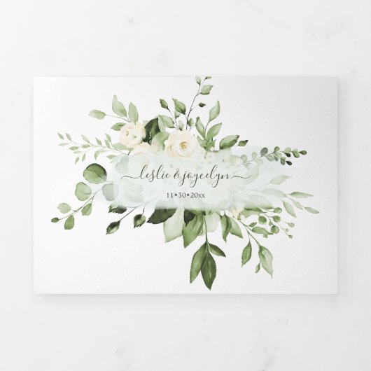 PixDezines Rustic Eucalyptus Alabaster Rozen Tri-F Drieluik Uitnodiging (Cover)