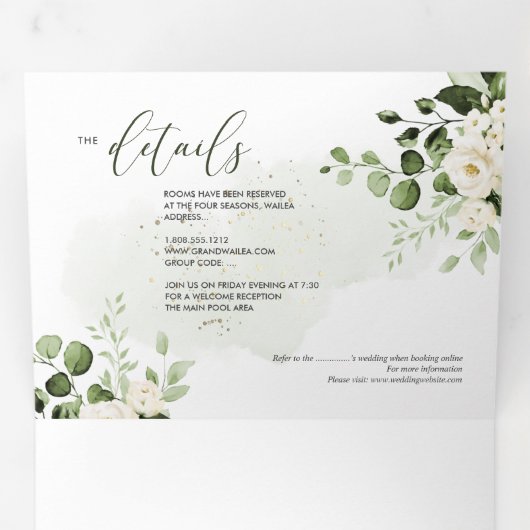 PixDezines Rustic Eucalyptus Alabaster Rozen Tri-F Drieluik Uitnodiging (Binnenzijde eerst)