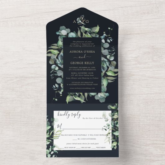 PixDezines Rustic Eucalyptus Navy n Gold all in All In One Uitnodiging (Binnen)