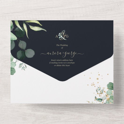 PixDezines Rustic Eucalyptus Navy n Gold all in All In One Uitnodiging (Achterkant)