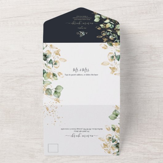 PixDezines Rustic Eucalyptus Navy n Gold All In One Uitnodiging (Buitenkant)