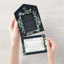 PixDezines Rustic Eucalyptus Navy n Gold all in One Uitnodiging
