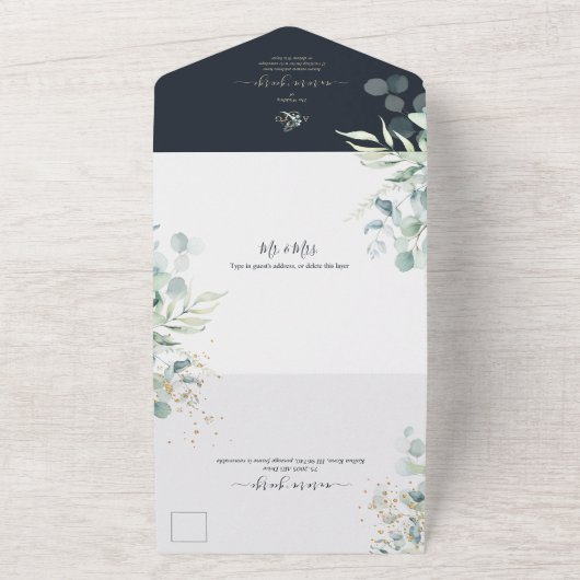 PixDezines Rustic Eucalyptus Navy n Gold All In One Uitnodiging (Buitenkant)