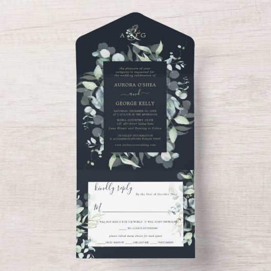 PixDezines Rustic Eucalyptus Navy n Gold All In One Uitnodiging (Binnen)