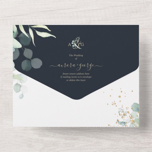 PixDezines Rustic Eucalyptus Navy n Gold All In One Uitnodiging (Achterkant)