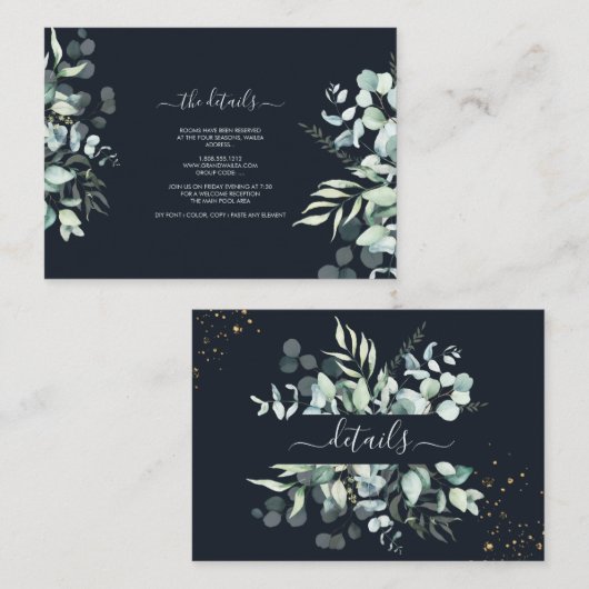 PixDezines Rustic Eucalyptus Navy n Gold Details Informatiekaartje (Voorkant / Achterkant)