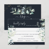 PixDezines Rustic Eucalyptus Navy n Gold RSVP Kaart (Voorkant / Achterkant)