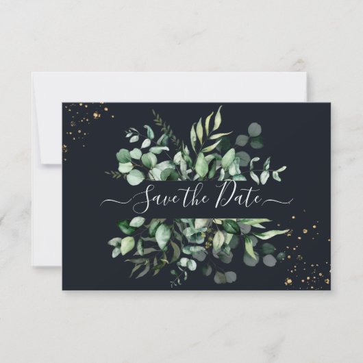 PixDezines Rustic Eucalyptus Navy n Gold Save Save The Date (Voorkant)