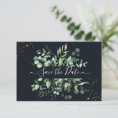 PixDezines Rustic Eucalyptus Navy n Gold Save Save The Date (Staand voorkant)