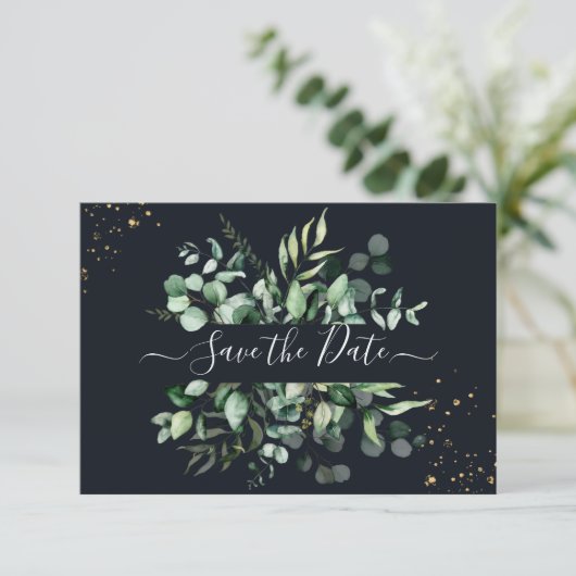 PixDezines Rustic Eucalyptus Navy n Gold Save Save The Date (Staand voorkant)