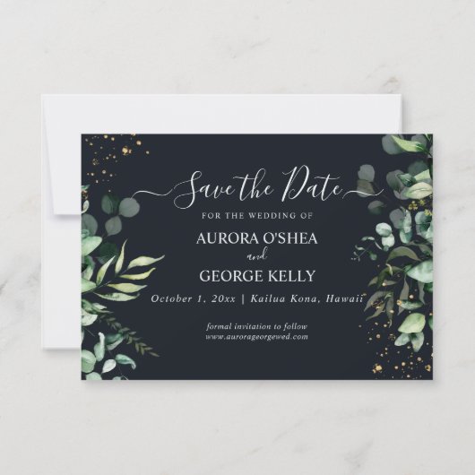 PixDezines Rustic Eucalyptus Navy n Gold Save Save The Date (Achterkant)